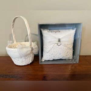 Flower girl basket & ring Bearer pillow set ivory cream lace rhinestones tulle